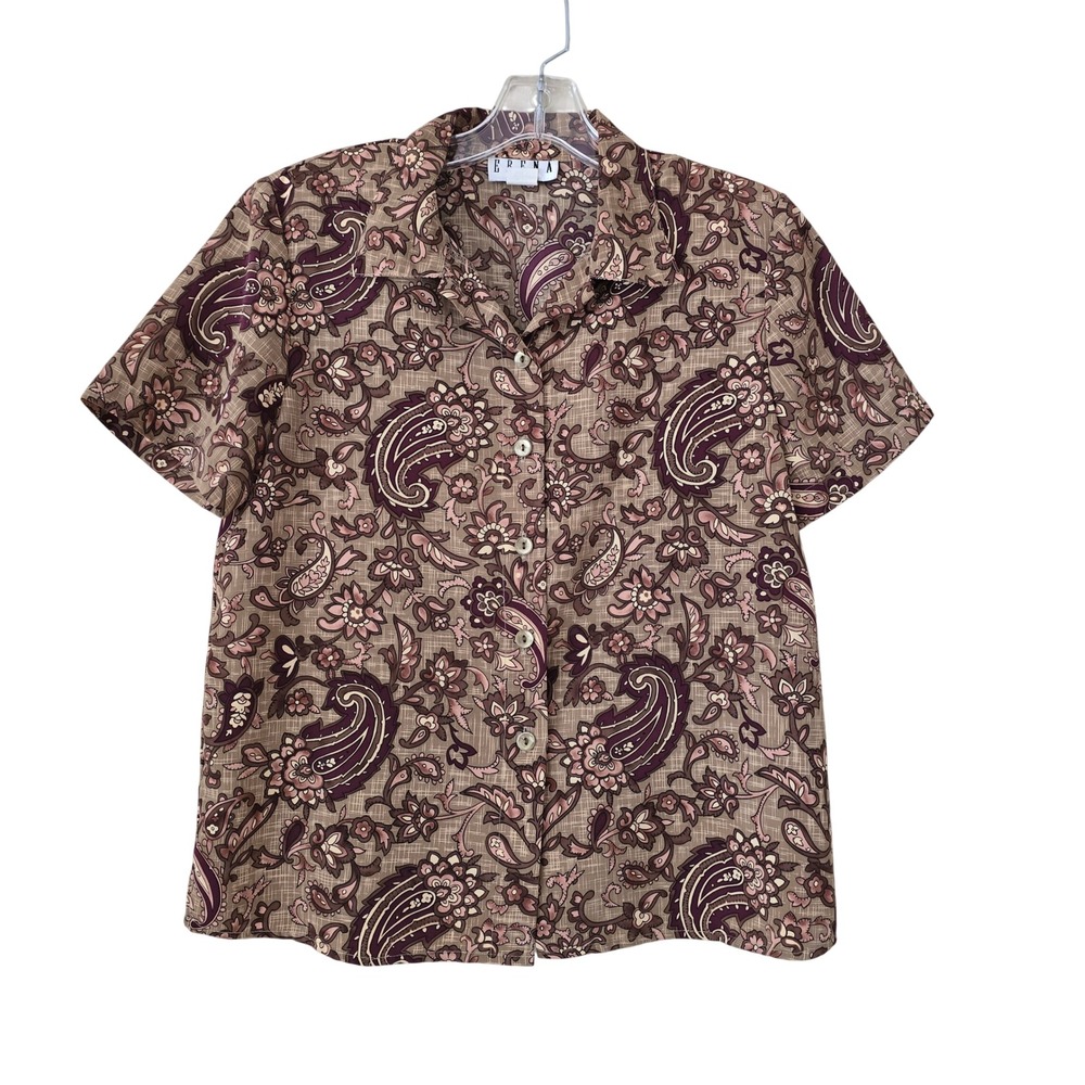 Erena Petite Brown Paisley Floral Button Up Blouse Short Sleeve Top Size 10